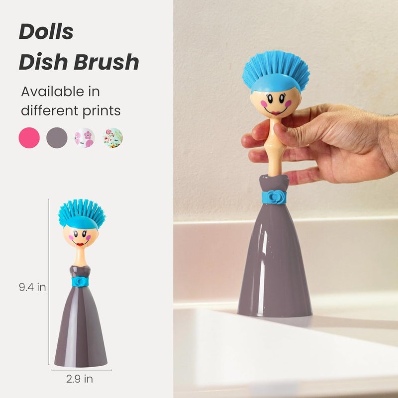 Vigar Dolls Dish Brush with Ergonomic Handle and Dress-Shaped Brush Holder, Dish Brush with Handle for Kitchen Dishes and Sink Cleaning, Gray, Blue - Image 1